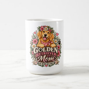 Caneca De Café Mãe do Golden Retriever Floral Meu Coração Tem Pat