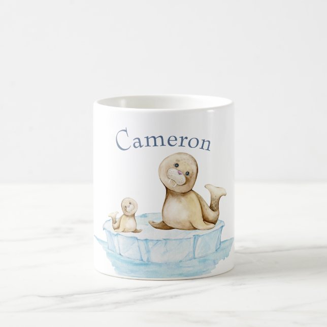 Caneca De Café Mãe e Bebê Foca Filhote no Gelo Chuveiro de Bebê d (Centro)