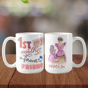 Caneca De Café Mãe E Filha Em Ilustração De Vestido Roxo