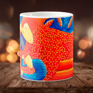 Caneca De Café Mãe e Filho com Peixes Dourados Pintura de Arte Mo