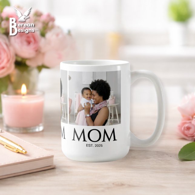 Caneca De Café Mãe Estabeleceu Foto Branco Caps Clássico (MOM ESTABLISHED Photo Mug with customizable photos and year. Ideal gift for Mother's Day. )