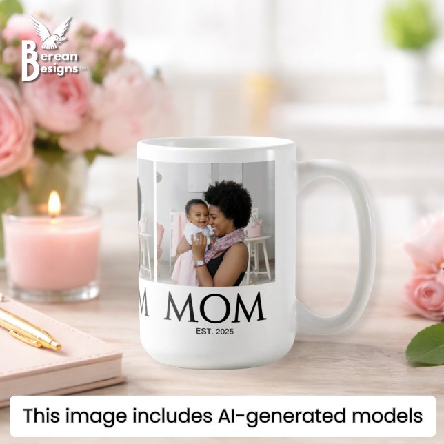 Caneca De Café Mãe Estabeleceu Foto Branco Caps Clássico (MOM ESTABLISHED Photo Mug with customizable photos and year. Ideal gift for Mother's Day. )