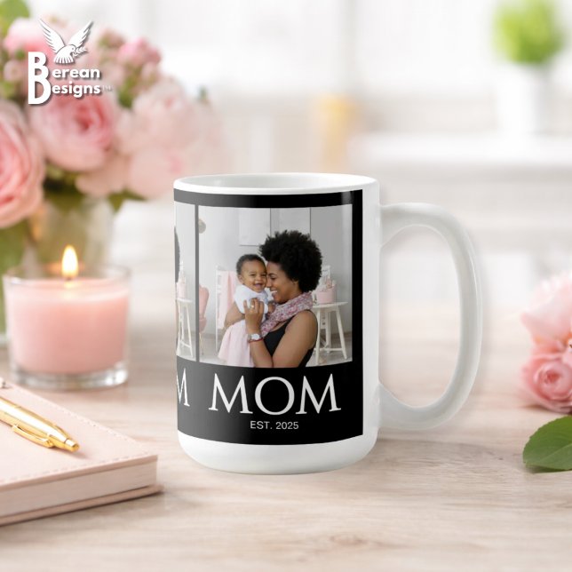 Caneca De Café Mãe Estabeleceu Foto Preta de Bonés Clássicos (MOM ESTABLISHED 3 Photo Mug with customizable photo and year. Ideal gift for Mother's Day. )