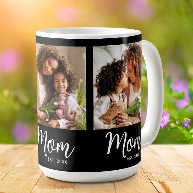 Caneca De Café Mãe Estabelecida Data 3 Foto Branco Script em Pret (Criador carregado)