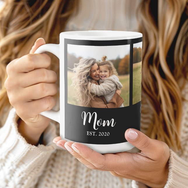 Caneca De Café Mãe Estabelecida Script Preto e Branco 3 Foto (Mom established 3 photo personalized mug gift)