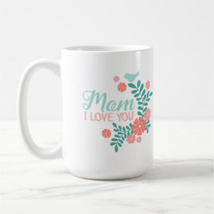 Caneca De Café Mãe eu te amo texto, design floral rosa e azul