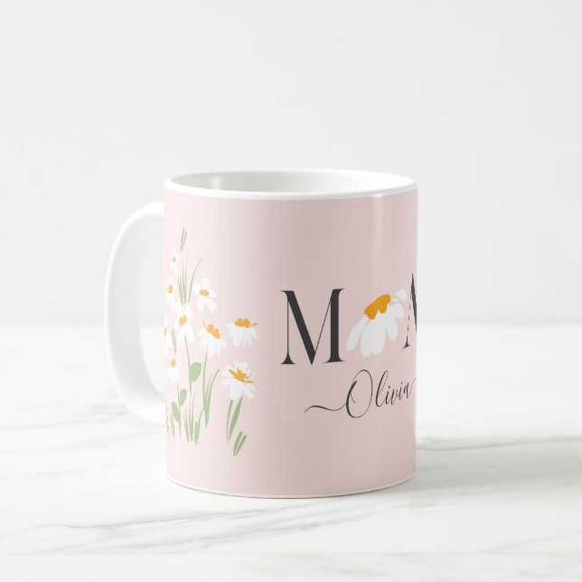 Caneca De Café Mãe margarida, chá de fraldas floral novo, rosa (Frente Esquerda)
