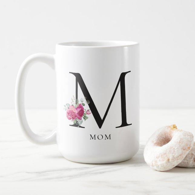 Caneca De Café Mãe Modern Monograma Floral (Com Donut)