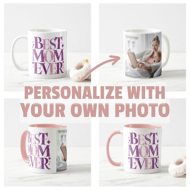 Caneca De Café Mãe Personalizada com Foto da Moda Melhor Mãe de T (best mom ever personalize own photo mug  photo Trendy Typography)