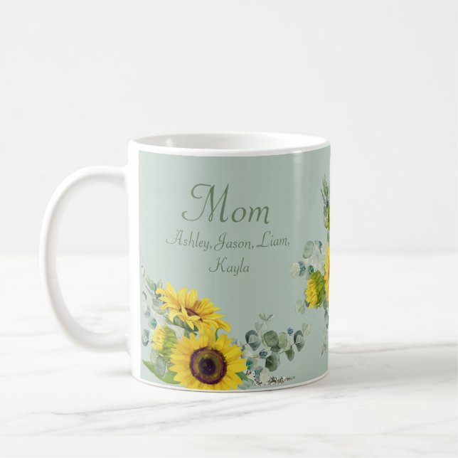 Caneca De Café Mãe, Sunflower Floral, 4 a 8 nomes de crianças (Esquerda)