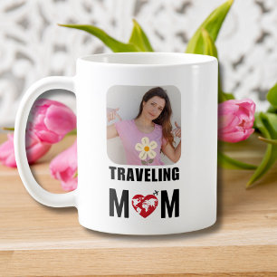 Caneca De Café Mãe Viajante Fofa, Mapa Mundial & Avião, Foto