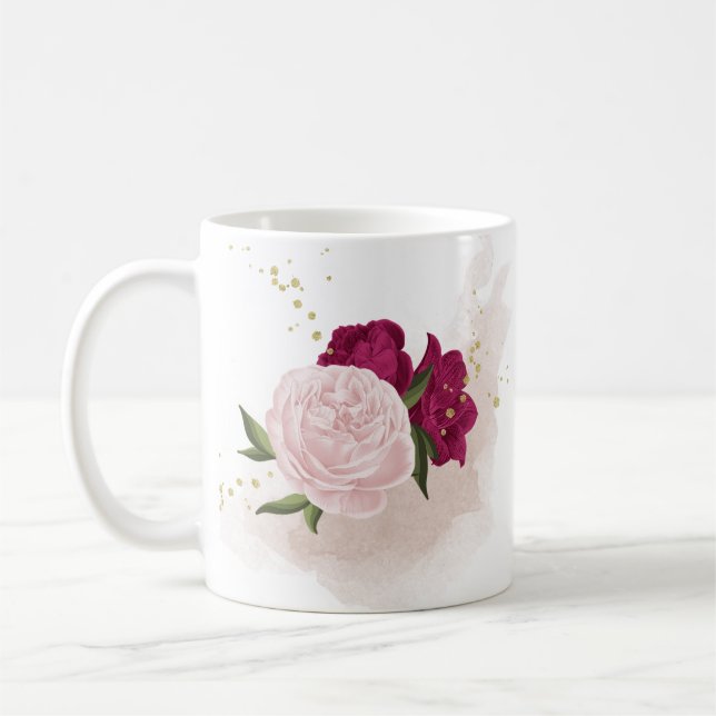 Caneca De Café magenta rosa flora verdejante  (Esquerda)