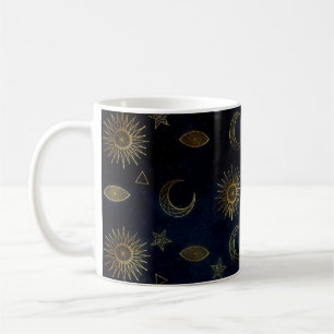 Caneca De Café Magia Dourada Sol-Lua Estrelas Azul Escuro