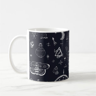 Caneca De Café Mágica de Halloween: Padrão de Doodle Vintage.