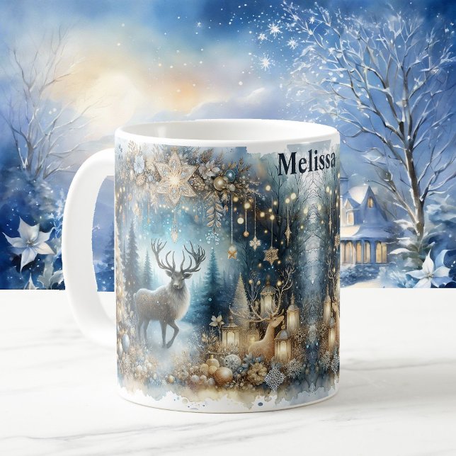 Caneca De Café Mágica de inverno Adicione nome Buck Deer Christma (Criador carregado)