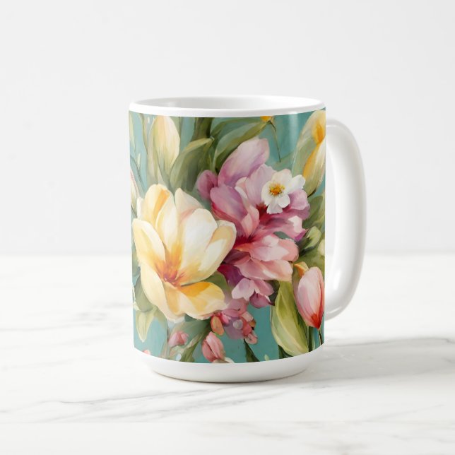 Caneca De Café Magnólia Amarela refinada com flores brancas (Frente Esquerda)