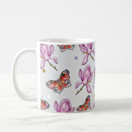 Caneca De Café Magnólia e borboletas, padrão de aquarela