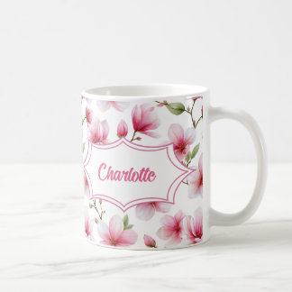 Caneca De Café Magnólia Rosa Monograma de Nome Botânico em Aquare