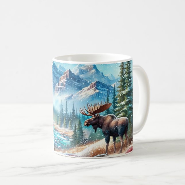 Caneca De Café Maiestosa alce na paisagem da Montanha Snowy (Frente Esquerda)