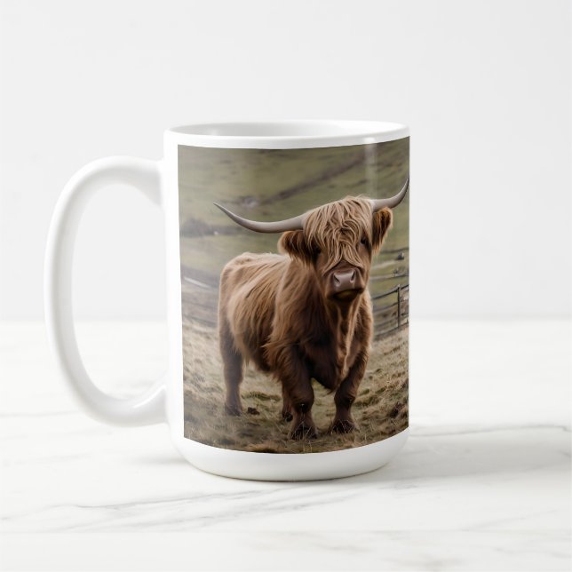 Caneca De Café **"Majestade Furry: A Vaca do Planalto Wooly Brown (Esquerda)