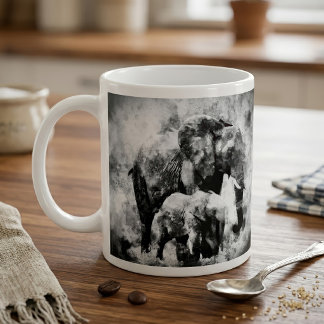 Caneca De Café Majestosa Elefanta Africana Fêmea com Filhote P&B