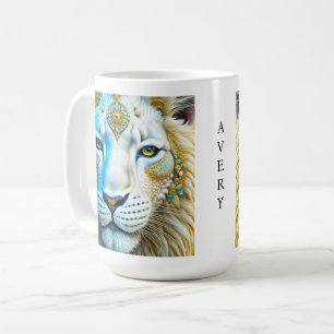 Caneca De Café Majestoso Leão Branco e Dourado Personalizado