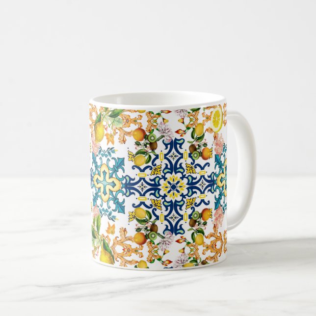Caneca De Café Majolica,azulejos Sicilianos,limões  (Frente Esquerda)