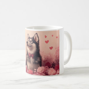 Caneca De Café Malamute do Alasca com Rosas - Dia dos Namorados 