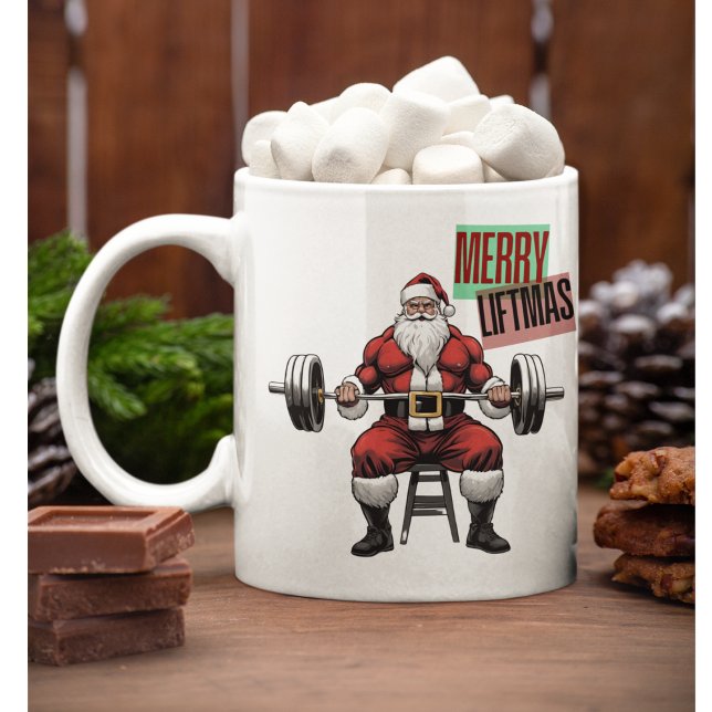 Caneca De Café Malhação engraçada Papais noeis de Natal de Natal  (Merry Liftmas Funny Fitness Christmas Coffee Mug. A swole Santa Claus ready to lift presents.)
