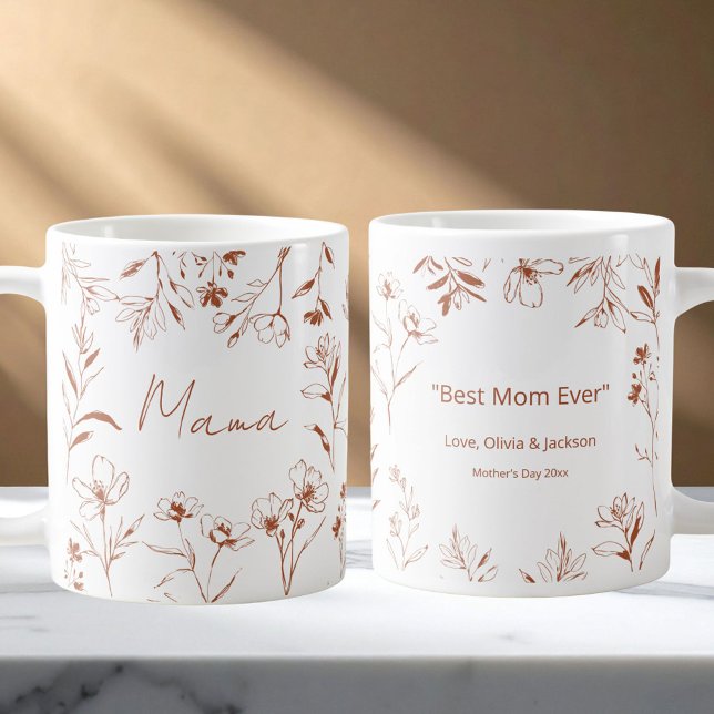 Caneca De Café Mama Custom Quote Brown White Floral Line Art  (Front and Back)