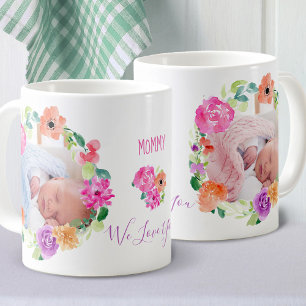 Caneca De Café Mamãe 2 Foto em Grinalda Floral Aquarela