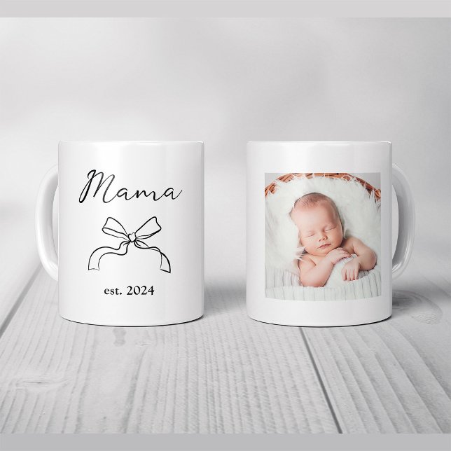 Caneca De Café Mamãe | Arco Preto Coquette e Foto do Bebê (Criador carregado)