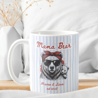 Caneca De Café Mamãe Urso Fofa Personalizada Listras Azuis Presen
