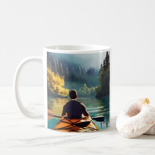 Caneca De Café Man Kayaking em um lago cercado por árvores (Com Donut)
