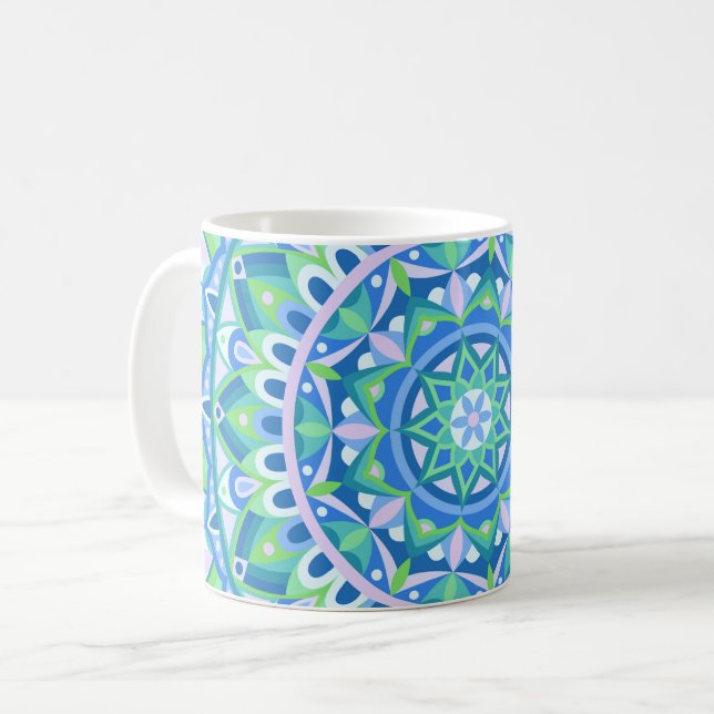 Caneca De Café Mandala Azul Boho Geométrico Calmante Espiritual (Frente Esquerda)