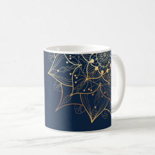 Caneca De Café Mandala Azul e Dourado   Arte Islâmica Inspirada