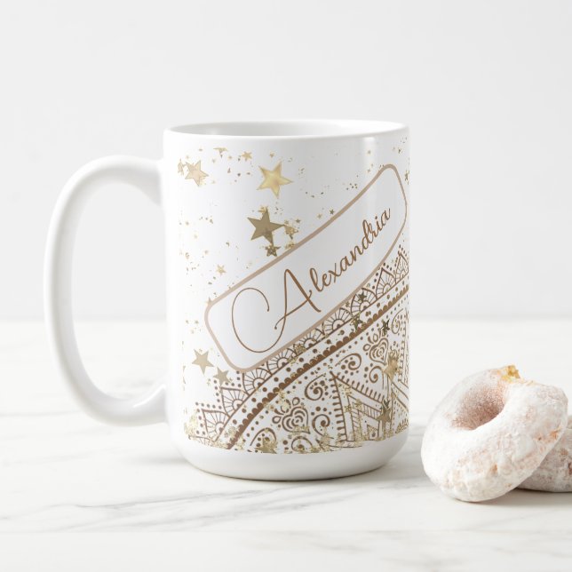 Caneca De Café Mandala com Estrelas Douradas em Branco Personaliz (Com Donut)