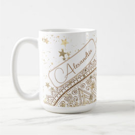 Caneca De Café Mandala com Estrelas Douradas em Branco Personaliz