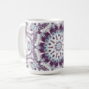 Caneca De Café Mandala Espiritual Caleidoscópio Azul Roxo Branco.