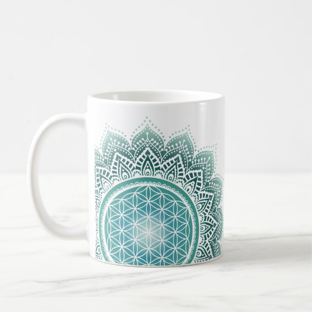 Caneca De Café Mandala Flor da vida turquesa espiritual (Esquerda)