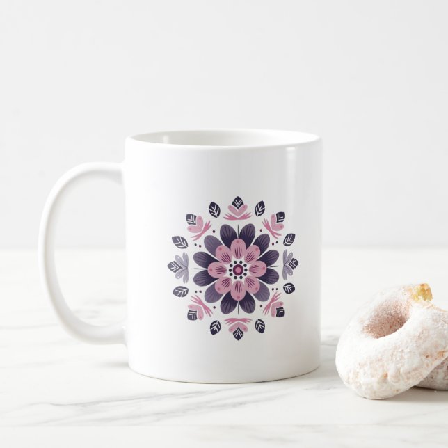 Caneca De Café Mandala Floral Rosa e Roxo - Escandinavo (Com Donut)