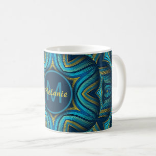 Caneca De Café Mandala Pessoal Ornada Azul Amarelo Abstrato