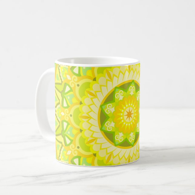 Caneca De Café Mandalá Primavera Verde Amarelo Floral Boho (Frente Esquerda)