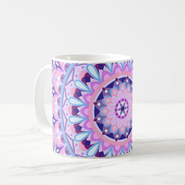 Caneca De Café Mandala Roxa Padrão Geométrico Boho Aconchegante (Frente Esquerda)