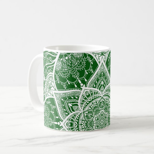 Caneca De Café Mandala Verde e Branco - Loergann em Moringa (Frente Esquerda)