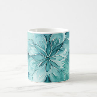 Caneca De Café Mandalas Florais em Aquarela Azul Turquesa e Verde