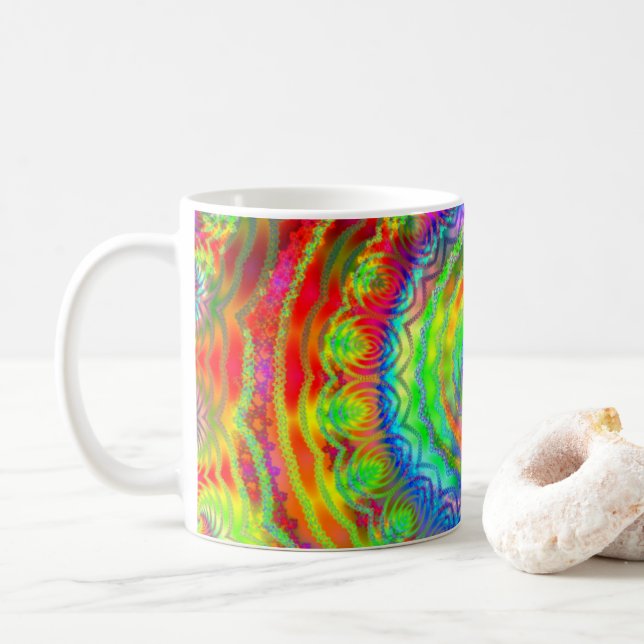 Caneca De Café Mandalas Fractais de Tiedye Arco-íris (Com Donut)