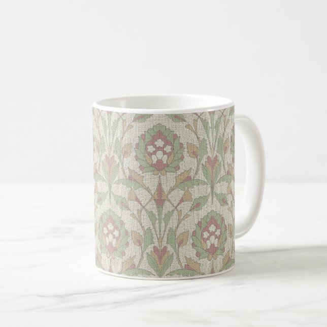 Caneca De Café Mangueira Floral Persa Vermelha Desbotada e Verde (Frente Esquerda)