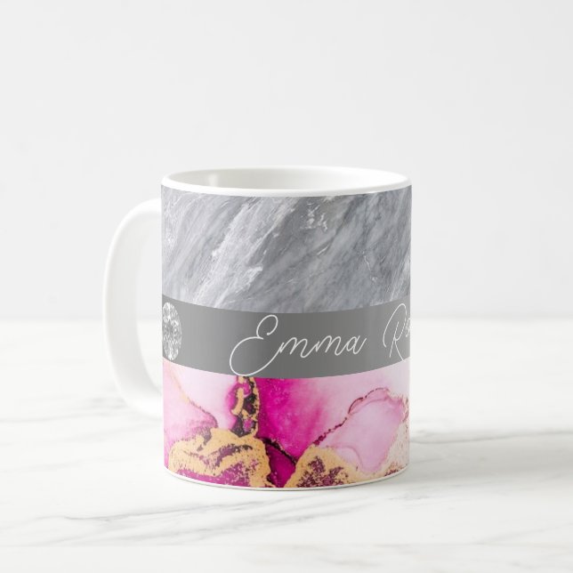 Caneca De Café Mangueira Rosa Marble Diamond Glitter Name Mug (Frente Esquerda)