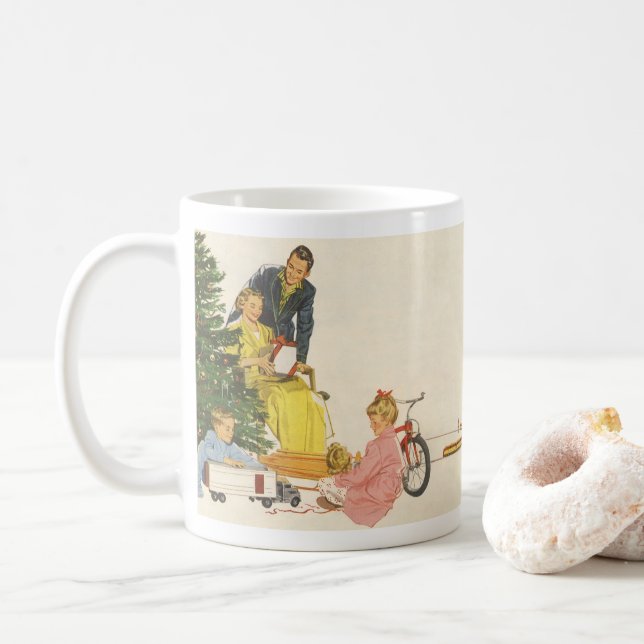 Caneca De Café Manhã de Natal Antiga, Família Abrindo Presentes (Com Donut)